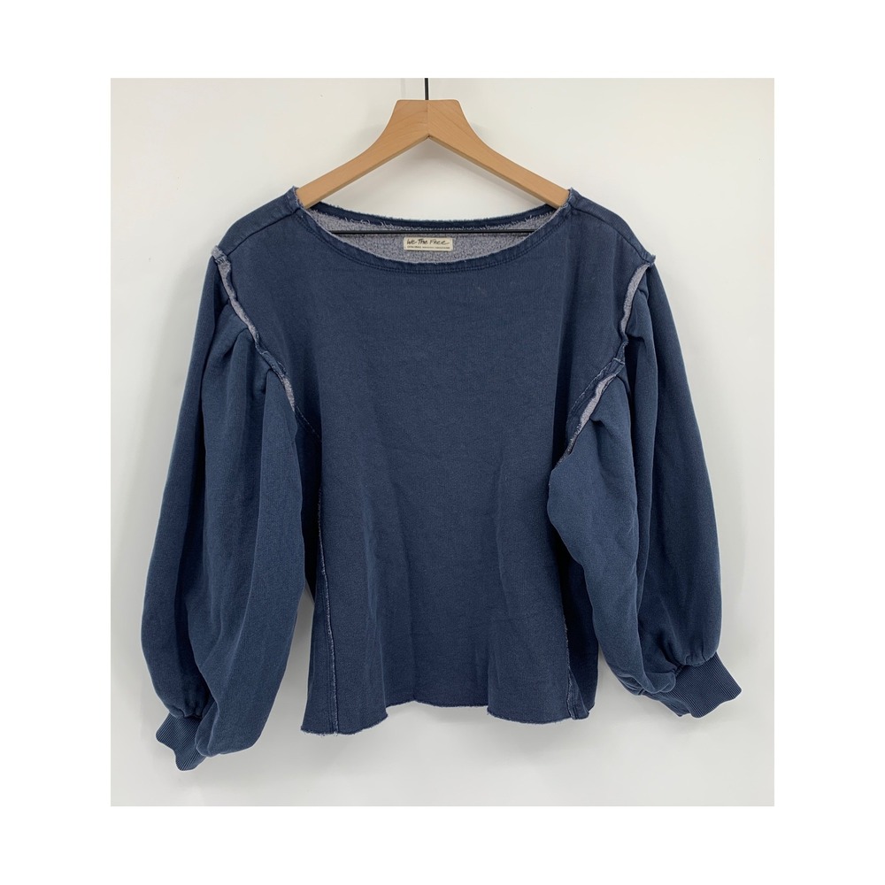 We The Free People Sweatshirt Women XS Blue Puff Sleeve Raw Hem Oversized Cozy